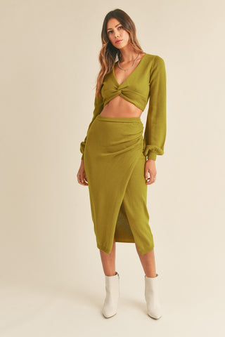 Hot Girl MABLE Front Twisted Knit Top and Midi Skirt Set In Avocado Green