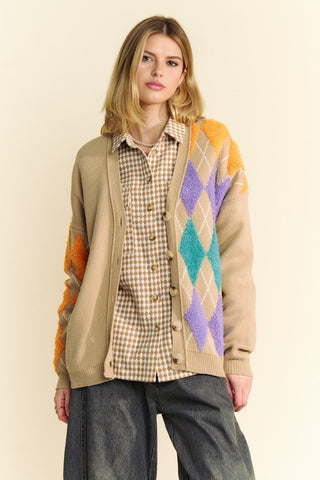 Hot Girl Davi & Dani Argyle V-Neck Color Pop Cardigan In Tan