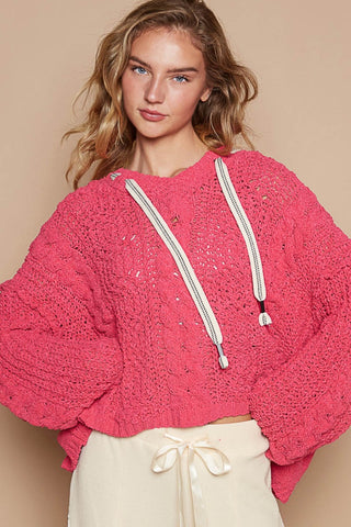 Hot Girl Cable Knit Hooded Chenille Sweater In Fuschia