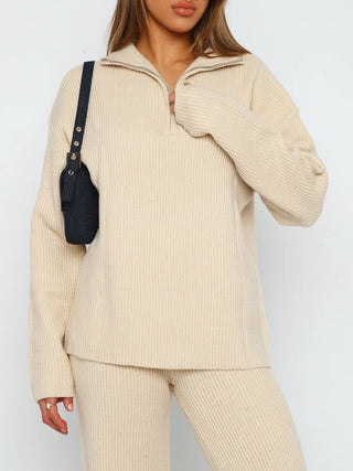 Hot Girl Neutrals Perfect Fit Quarter Zip Long Sleeve Top and Pants Sweater Set