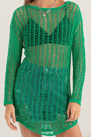 Hot Girl HYFVE Crochet Boho Cover Up In Green Long Sleeve Top