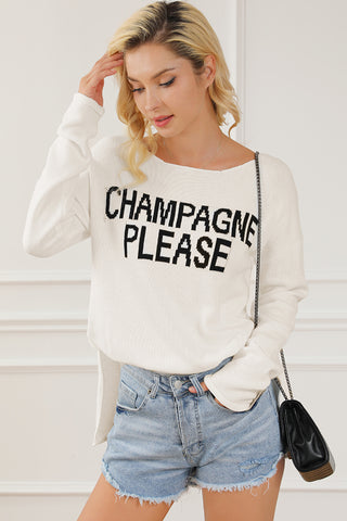 Hot Girl CHAMPAGNE PLEASE Long Sleeve Slit Sweater In White