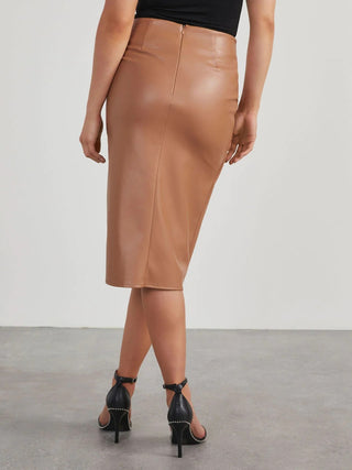 Hot Girl Twist Detail High Waist Vegan Leather Midi Skirt