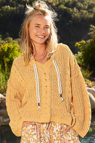 Hot Girl Cable Knit Hooded Chenille Sweater In Honey