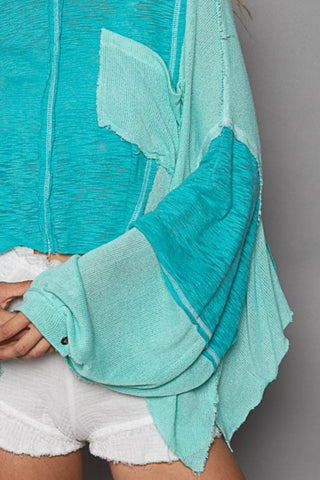 Hot Girl Contrast Stitch Exposed Seam High-Low Long Sleeve Top In Turquoise