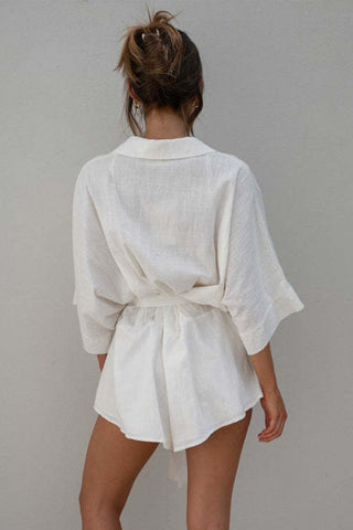 Hot Girl Tied Button Up Collared Neck Cotton Romper