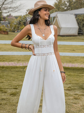 Hot Girl Open Lace Accent Back Wide Leg Boho Jumpsuit In White