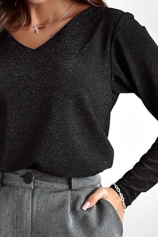 Hot Girl Bow Tied Shimmer Long Sleeve Blouse In Black