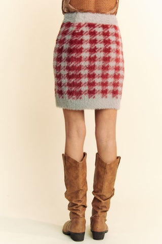 Hot Girl X Davi & Dani Scoop Neck Fuzzy Plaid Top and Skirt Sweater Set