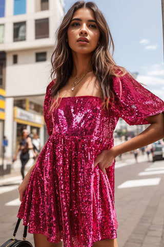 Hot Girl Sequin Square Neck Balloon Sleeve Romper In Rose - Hot Girl Apparel