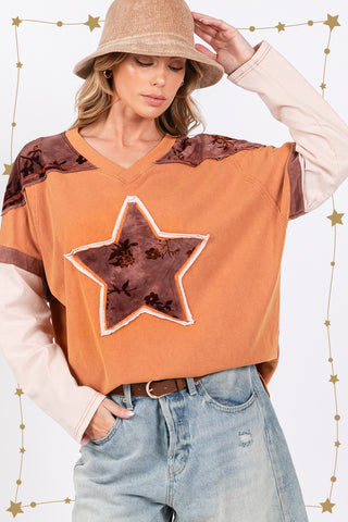 Hot Girl SAGE + FIG All Star Patch Color Block Long Sleeve T-Shirt In Rust