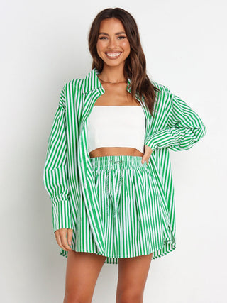 Hot Girl Striped Button Up Shoulder Shirt and Shorts Two Piece Set