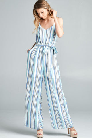 Hot Girl Cotton Nu Label Tie Front Striped Sleeveless Jumpsuit In Blue