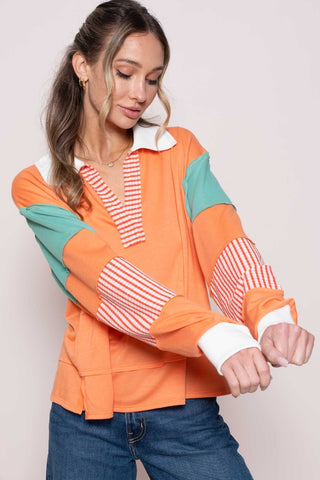 Hot Girl Hailey & Co Color Block Long Sleeve Top with Striped Panel In Orange - Hot Girl Apparel