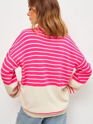 Hot Girl Cardona Contrast Striped Mock Neck Bell Sleeve Sweater