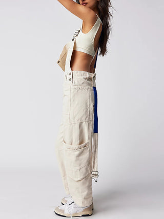 Hot Girl Pocketed Contrast Strap Denim Overalls