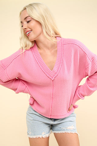 Hot Girl V-Neck Cotton Knit Long Sleeve Top In Pink