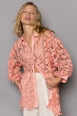 Hot Girl Button Up Lace Shirt In Peach - Hot Girl Apparel