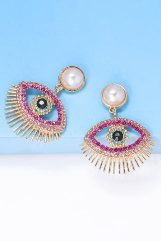 HGA Evil Eye Shape Rhinestone Pearl Dangle Earrings