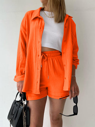 Hot Girl Soft Rayon Textured Button Up Shirt and Drawstring Shorts Two Piece Set