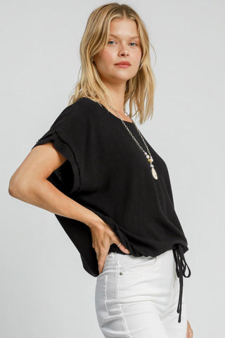 Hot Girk X Umgee Drawstring Hem Linen Short Sleeve T-Shirt In Black