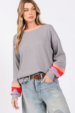 Hot Girl SAGE + FIG Color Block Waffle Knit Long Sleeve T-Shirt In Grey