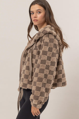 Hot Girl HYFVE Checkered Sherpa Hooded Shacket In Mocha