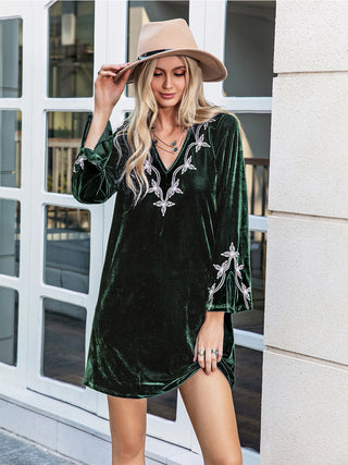 Hot Girl Embroidered Velour Flare Sleeve Boho Mini Dress In Green