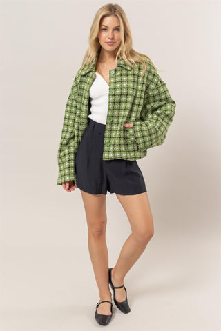 Hot Girl HYFVE Tweed Plaid Button Up Collared Jacket In Green