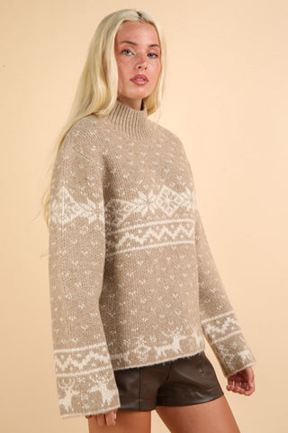 Hot Girl VERY J Christmas Fair Isle Mock Neck Sweater In Latte