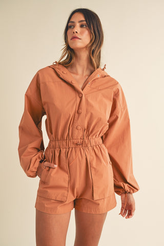 Hot Girl MABLE Snap Down Long Sleeve Hooded Romper In Orange