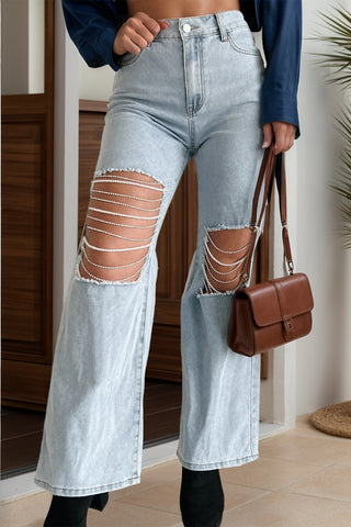 Hot Girl Distressed Beaded Chain Straight Leg Jeans - Hot Girl Apparel