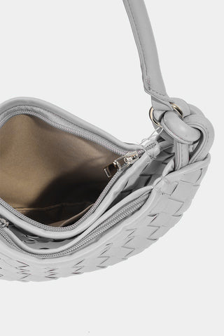 Hot Girl Fame Vegan Leather Basket Weave Half Moon Crossbody Bag In Silver