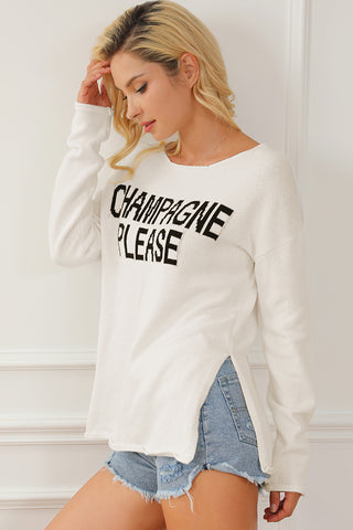 Hot Girl CHAMPAGNE PLEASE Long Sleeve Slit Sweater In White