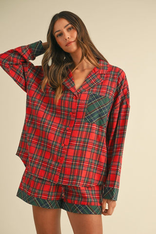 Hot Girl Annie Wear Contrast Plaid Long Sleeve Top and Short Lounge Set