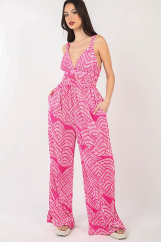 Hot Girl Geometric Pleated Sleeveless Wide Leg Jumpsuit In Hot Pink - Hot Girl Apparel