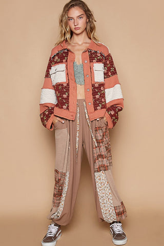 Hot Girl Washed Floral Exposed Seam Color Block Jacket In Brick