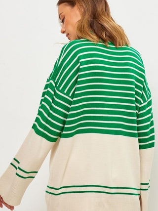 Hot Girl Cardona Contrast Striped Mock Neck Bell Sleeve Sweater