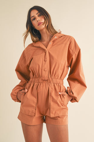 Hot Girl MABLE Snap Down Long Sleeve Hooded Romper In Orange