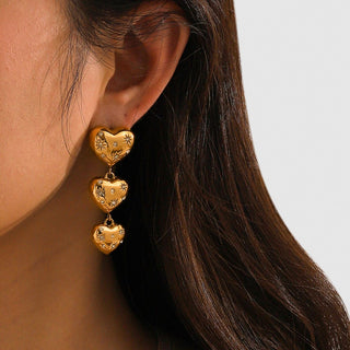 HGA Rhinestone Heart Drop Gold Earrings - Hot Girl Apparel