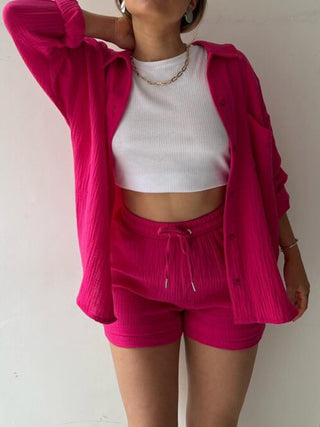 Hot Girl Soft Rayon Textured Button Up Shirt and Drawstring Shorts Two Piece Set