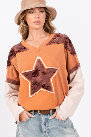 Hot Girl SAGE + FIG All Star Patch Color Block Long Sleeve T-Shirt In Rust