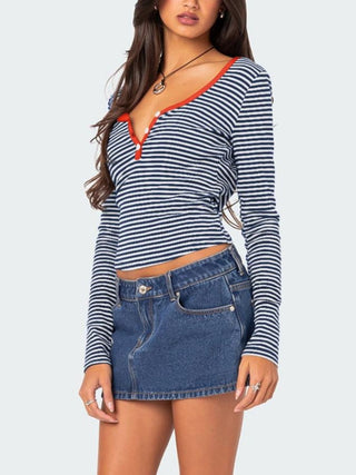 Hot Girl Striped Henley Long Sleeve T-Shirt