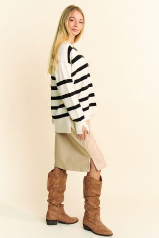 Hot Girl X Davi & Dani High-Low Side Slit Striped Johnny Collar Sweater