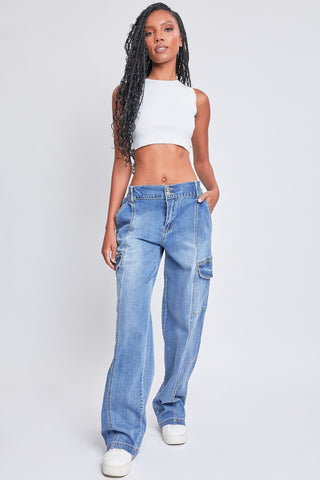 Hot Girl YMI High-Rise Straight Cargo Jeans In Medium Wash - Hot Girl Apparel