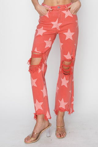 Hot Girl Distressed Raw Hem Star Pattern Jeans In Red - Hot Girl Apparel