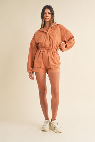 Hot Girl MABLE Snap Down Long Sleeve Hooded Romper In Orange