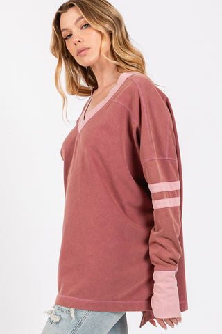 Hot Girl SAGE + FIG Mineral Wash Side Slit Contrast Long Sleeve T-Shirt In Marsala