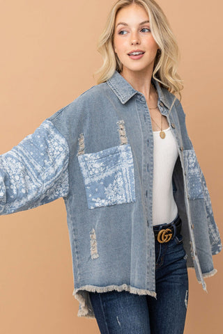 Hot Girl And The Why Paisley Quilted Sleeves Denim Shacket