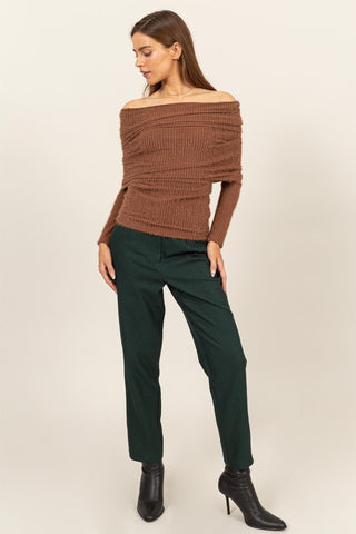 Hot Girl HYFVE Fuzzy Off Shoulder Textured Knit Long Sleeve Top In Mocha